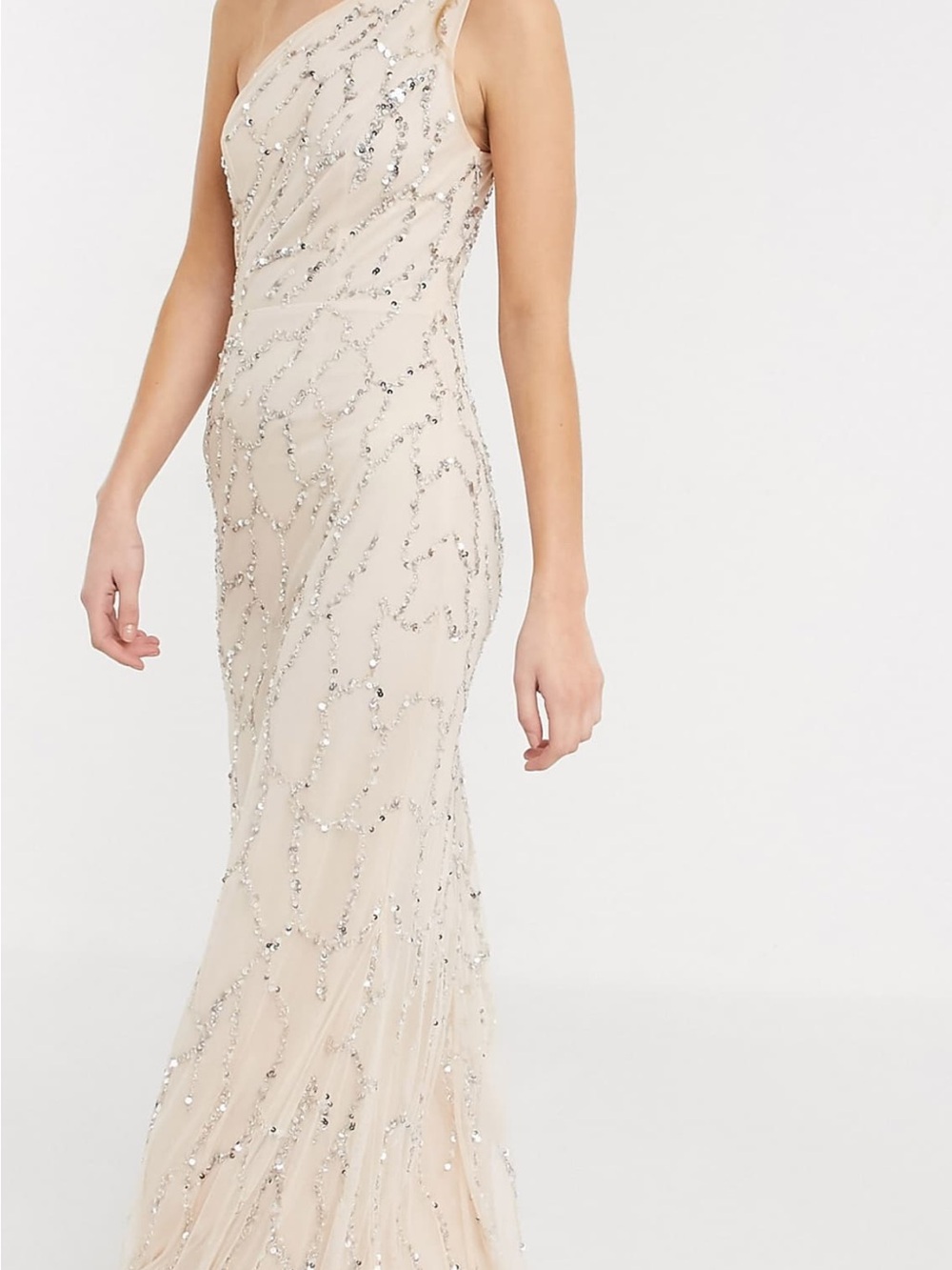 ASOS One-Shoulder Beaded Evening Gown in Nude and Silver